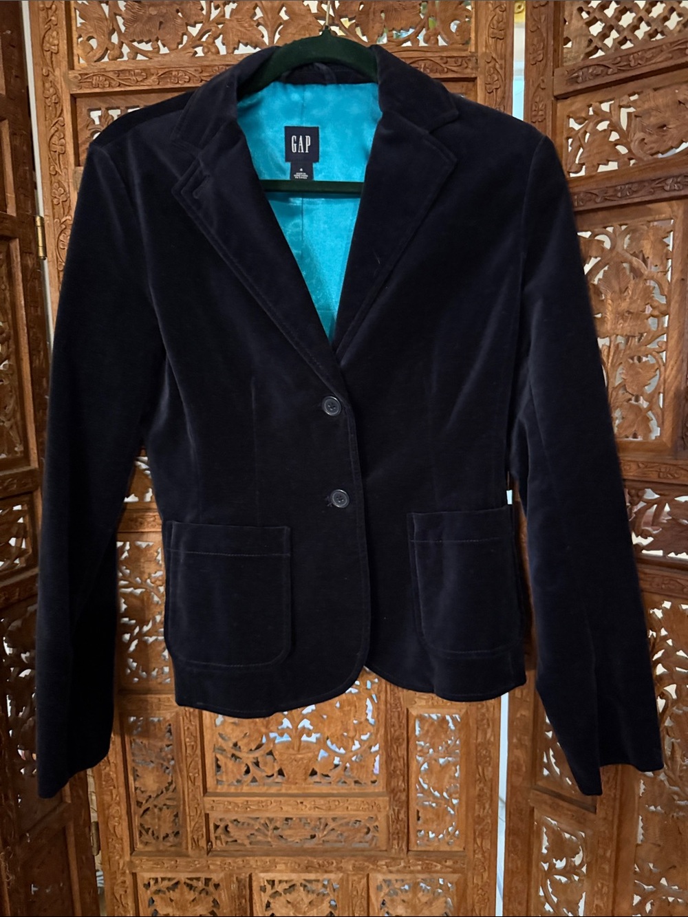 GAP Women's Velvet Blazer in Navy with Turquoise Lining